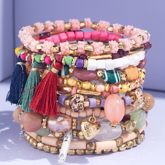 Boutique Jewelry - NWT Boutique Pink Bohemian Hippy Boho 12 Multi Layered Mixed Bracelet